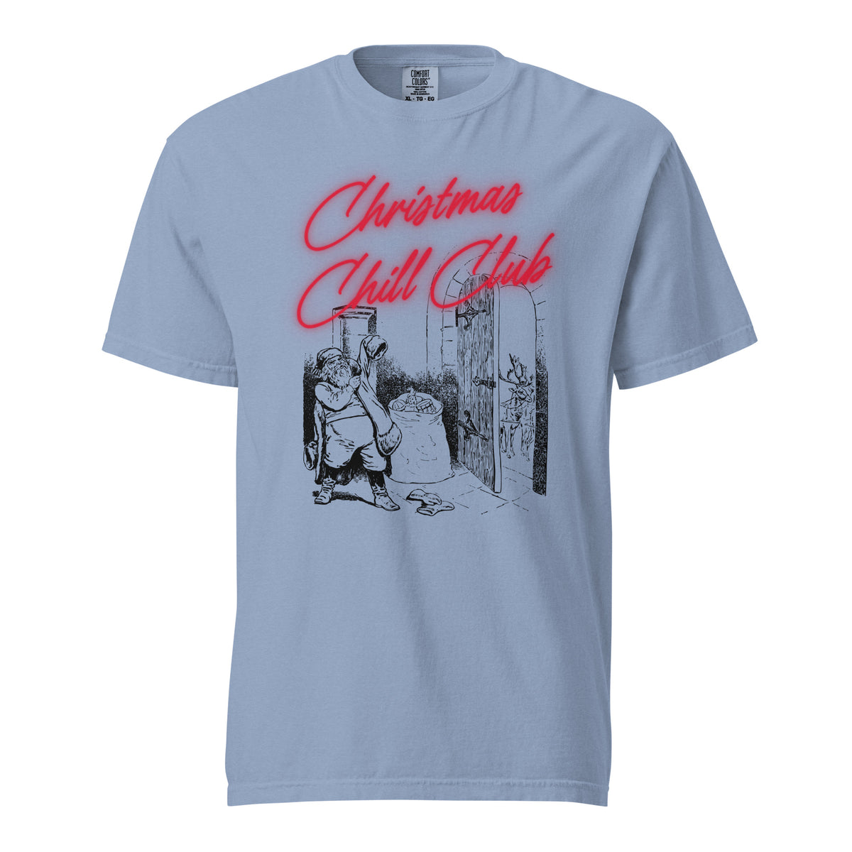 Washed Denim T-shirt, front view, with a seated Santa illustration beneath red 'Christmas Chill Club' script.