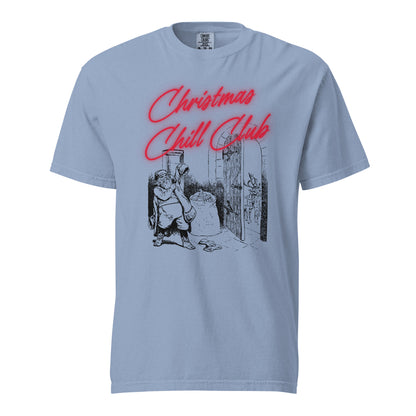 Washed Denim T-shirt, front view, with a seated Santa illustration beneath red 'Christmas Chill Club' script.