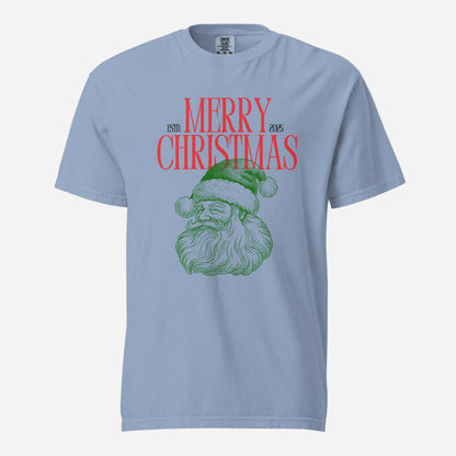 Washed Denim T-shirt, front view with a green Santa face and red "Merry Christmas" lettering.