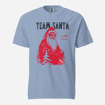 Washed Denim T-shirt, front view, with a red Santa and tree illustration beneath black 'Team Santa' text.