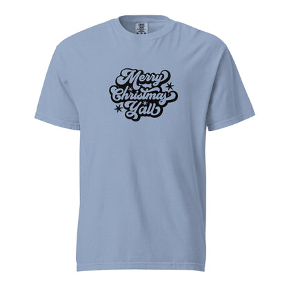 Washed Denim T-shirt, front view, with black 'Merry Christmas Y'all' script and stars.