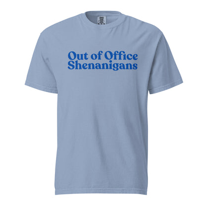 Washed Denim T-shirt, front view, with blue stacked 'Out of Office Shenanigans' lettering.