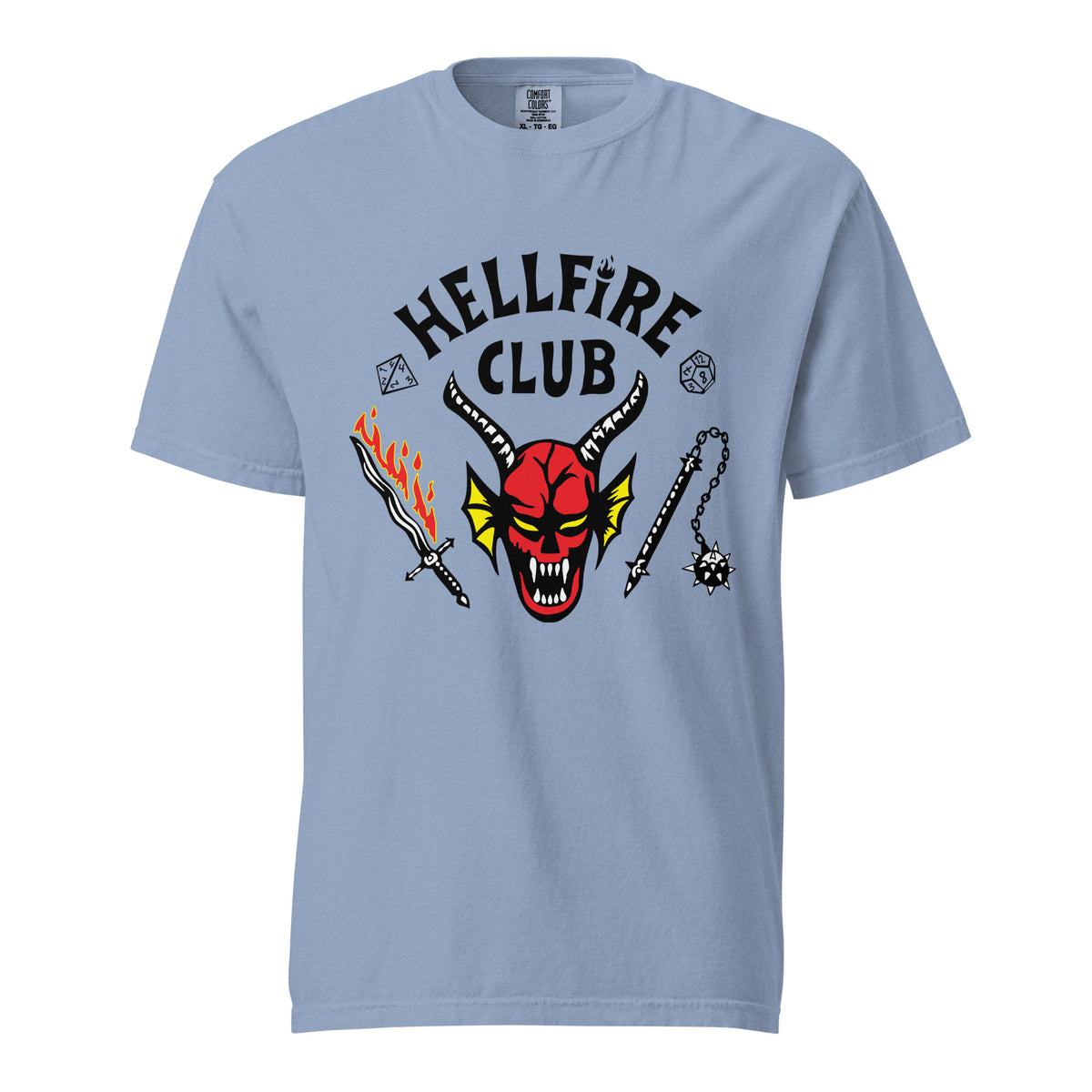 Washed Denim T-shirt, front view, with a red horned face beneath black 'Hellfire Club' lettering.