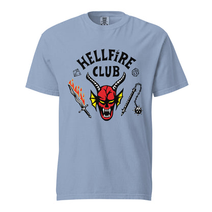 Washed Denim T-shirt, front view, with a red horned face beneath black 'Hellfire Club' lettering.