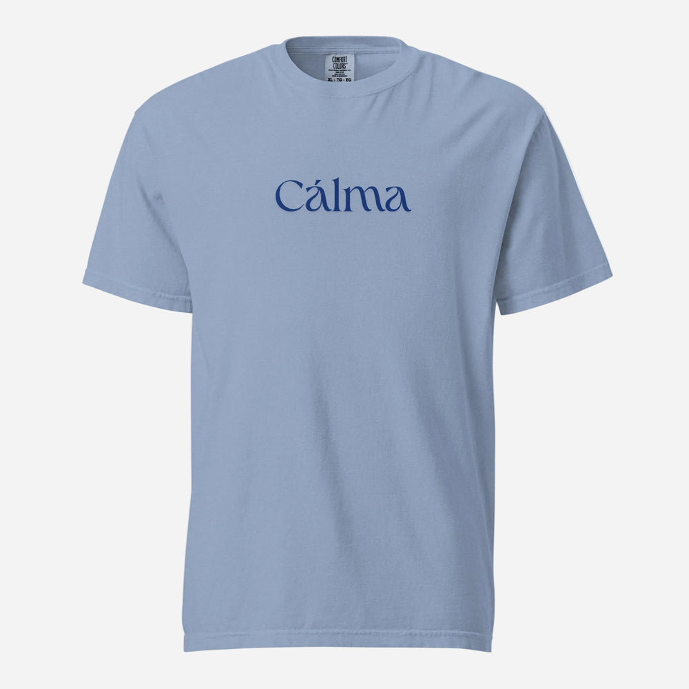 Washed Denim T-shirt, front view, with blue 'Calma' lettering.