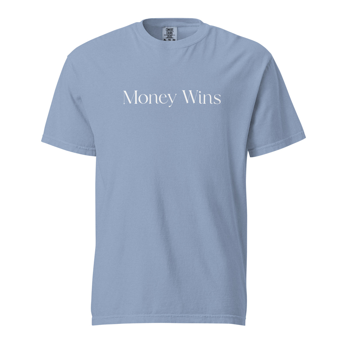 Washed Denim T-shirt, front view, with white 'Money Wins' lettering.
