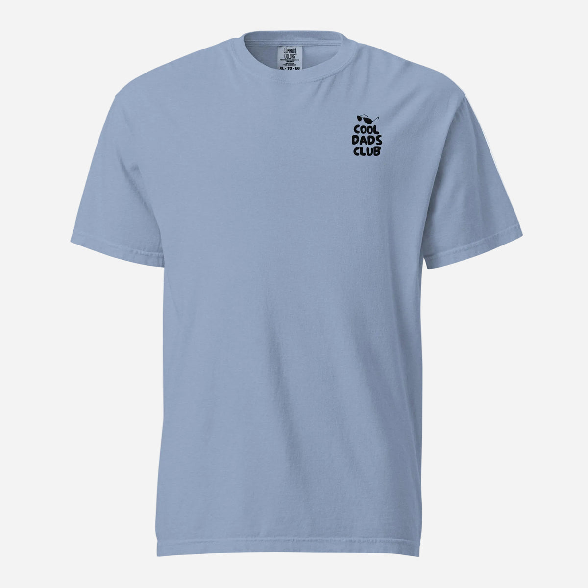 Washed Denim T-shirt, front view, with small black 'Cool Dads Club' chest lettering.