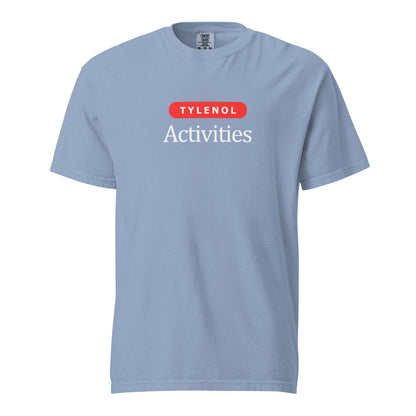 Washed Denim T-shirt, front view, with a red 'Tylenol' label above white 'Activities' lettering.