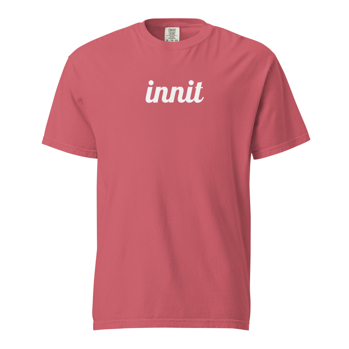 Innit T-shirt in Watermelon, front view with white "innit" lettering.