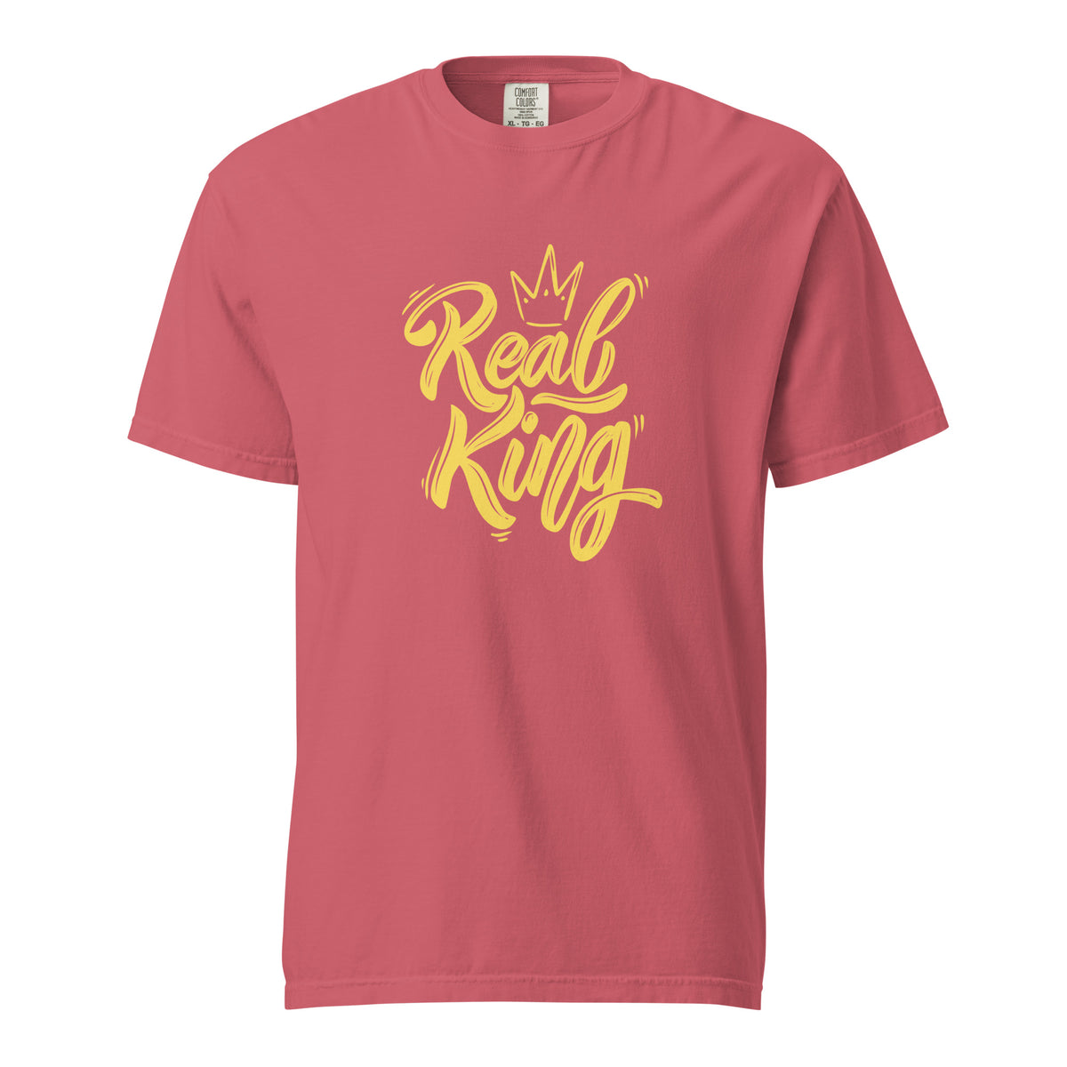 Watermelon T-shirt with yellow Real King script and crown, front view.