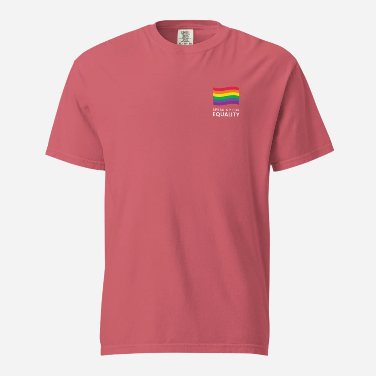 Watermelon T-shirt with a rainbow flag and equality message, front view.