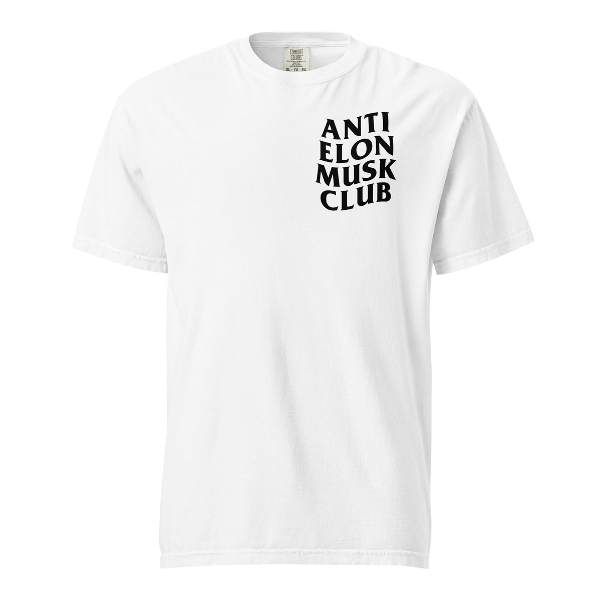 White T-shirt, front view with small black "Anti Elon Musk Club" chest lettering.