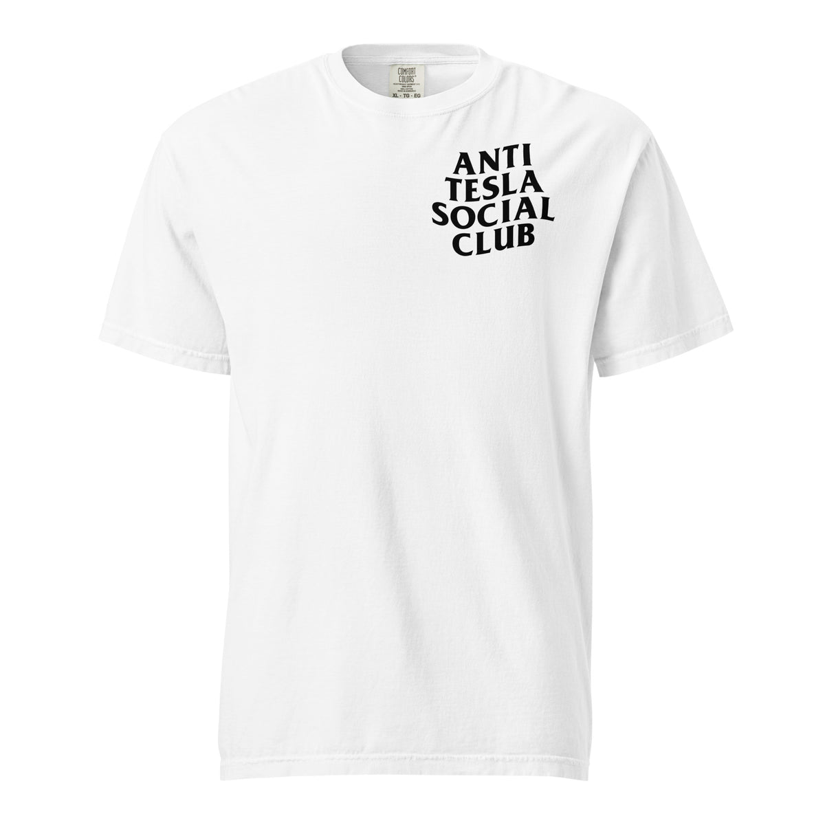 White T-shirt with black Anti Tesla Social Club lettering, front view with small chest lettering.