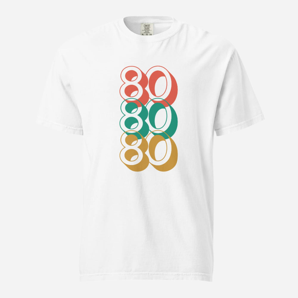 White T-shirt, front view with stacked red, green and yellow "80" numerals.