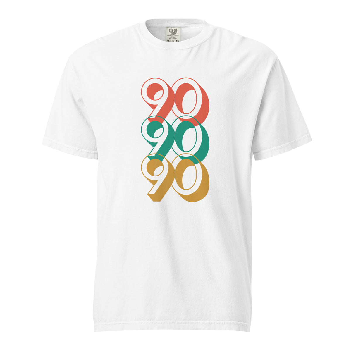 White T-shirt with stacked red, green and yellow 90 numerals, front view.