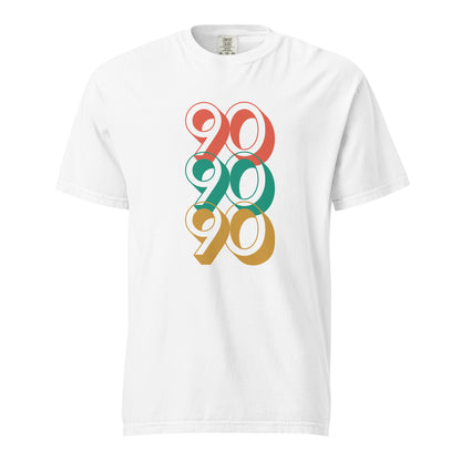 White T-shirt with stacked red, green and yellow 90 numerals, front view.