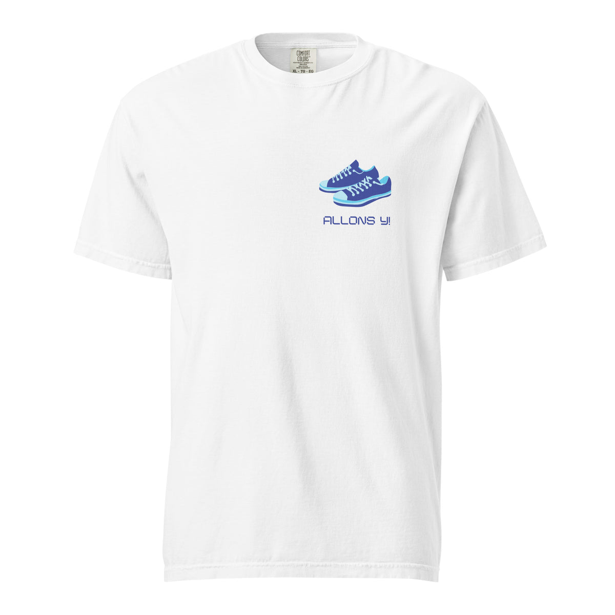 White T-shirt, front view with blue sneakers and "Allons Y" chest lettering.