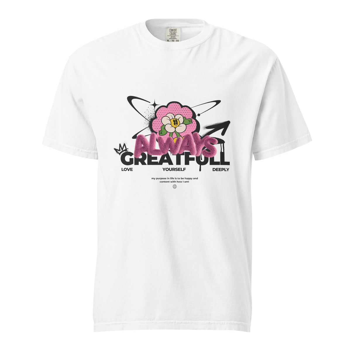 White T-shirt with a pink flower and Always Grateful lettering, front view.