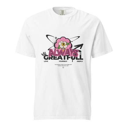 White T-shirt with a pink flower and Always Grateful lettering, front view.