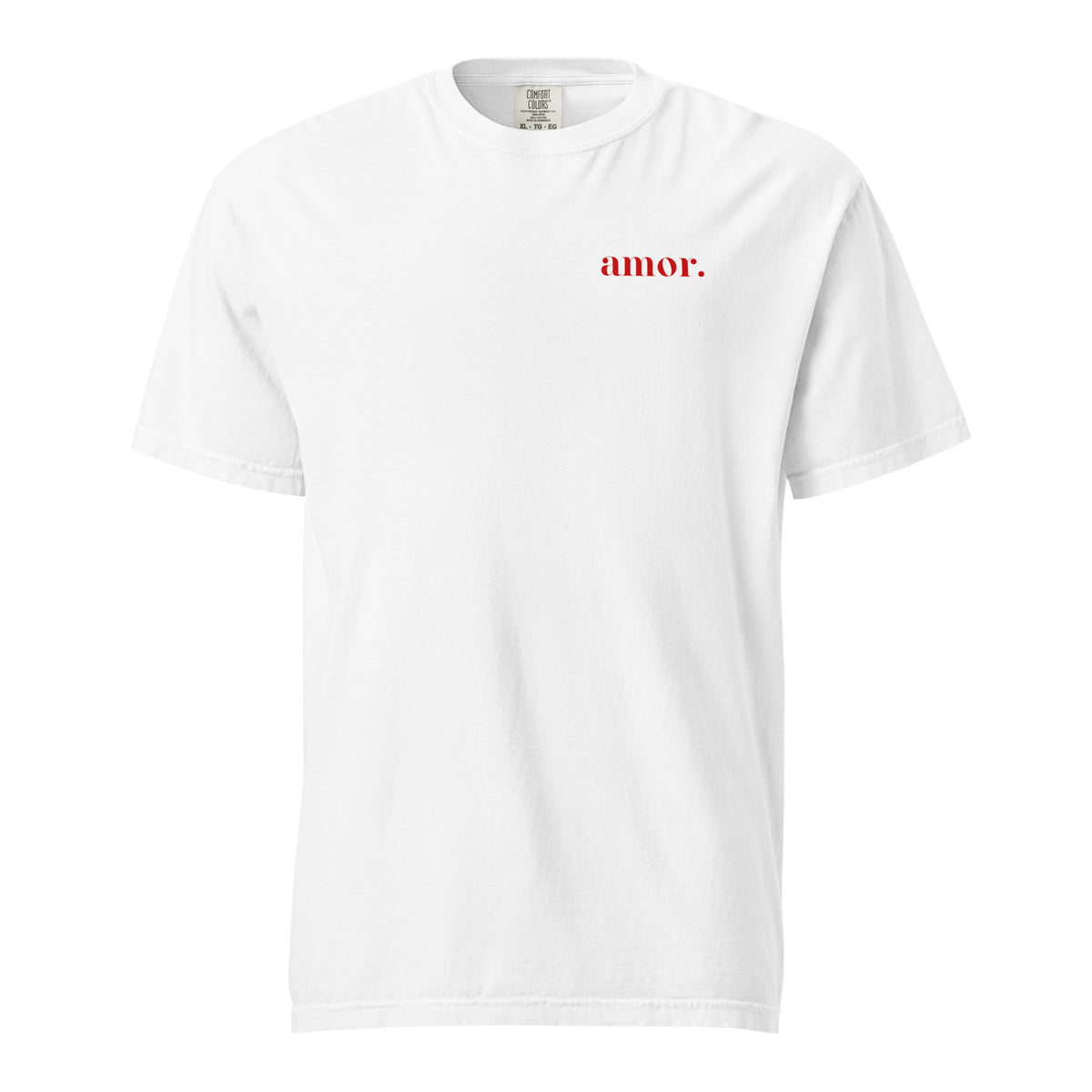 White T-shirt, front view, with small red 'amor.' lettering on the chest.