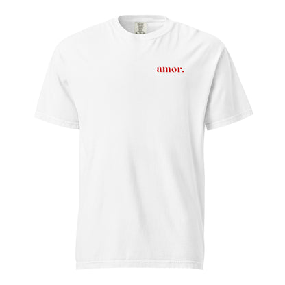 White T-shirt, front view, with small red 'amor.' lettering on the chest.