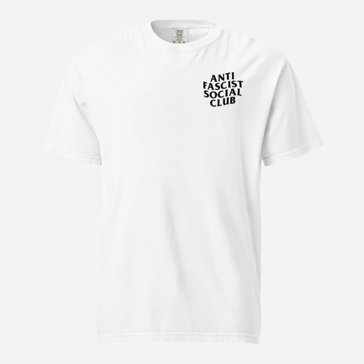 White T-shirt, front view with small black "Anti Fascist Social Club" chest lettering.