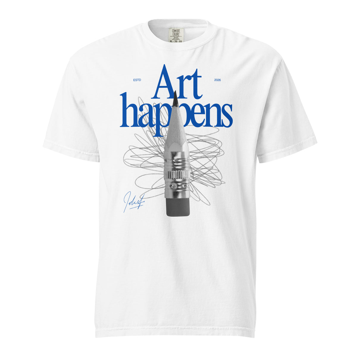 White T-shirt with blue Art Happens text and pencil graphic, front view.