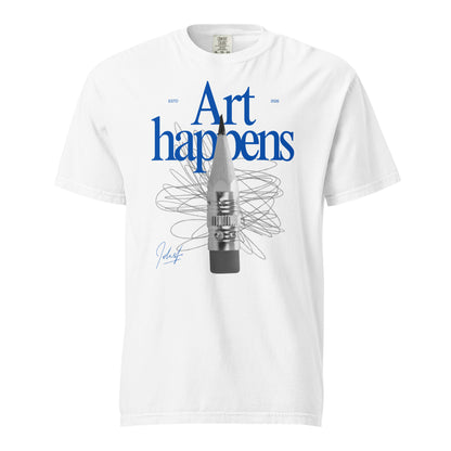 White T-shirt with blue Art Happens text and pencil graphic, front view.