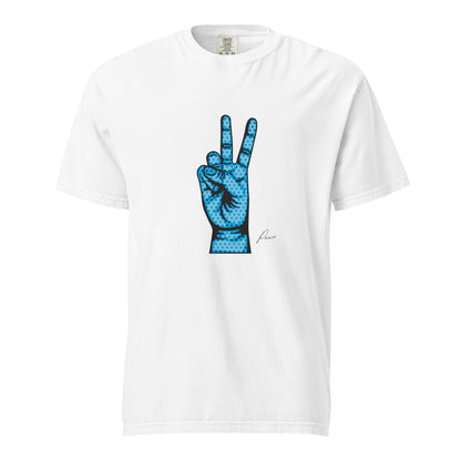 White T-shirt, front view, with an illustrated blue hand making a peace sign.