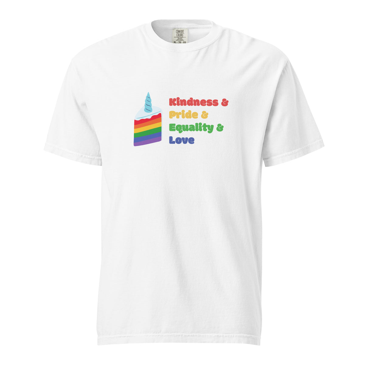 White T-shirt with a rainbow graphic and Kindness, Pride, Equality and Love text, front view.