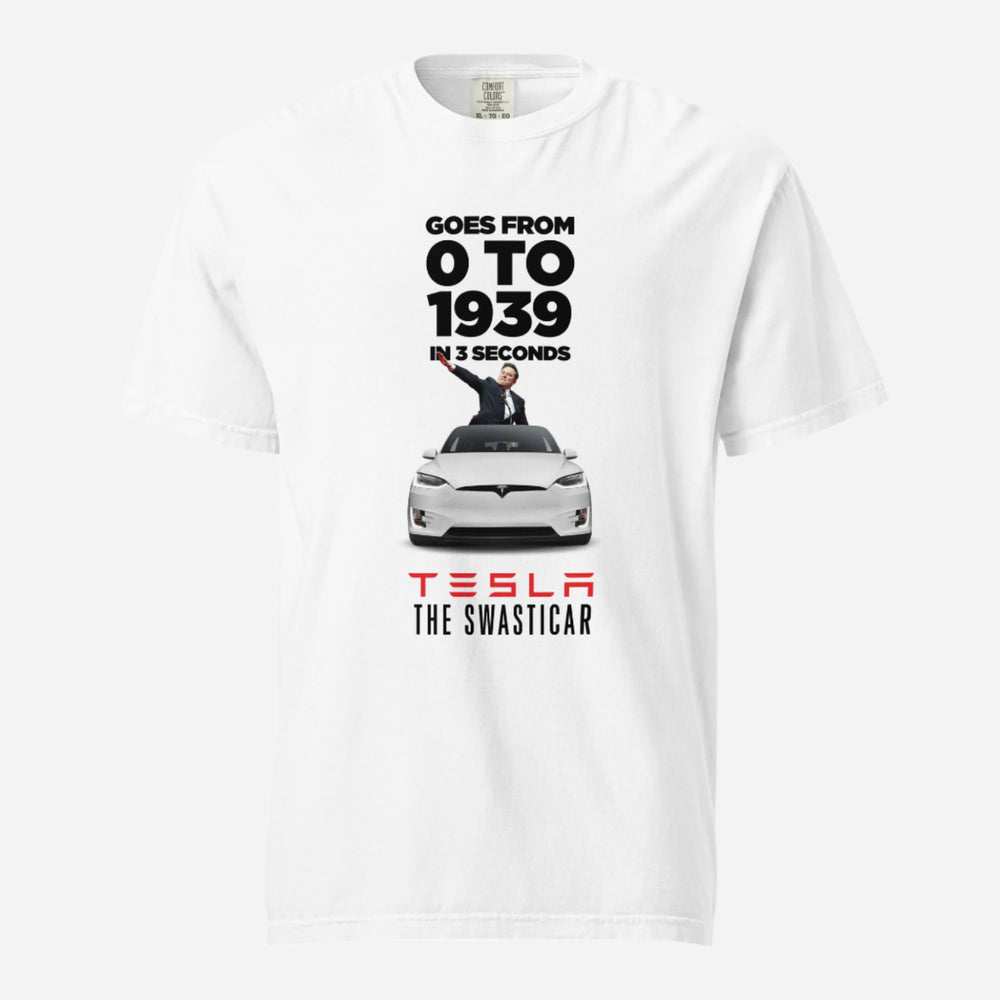 White T-shirt, front view, with a car, a raised-arm figure and 'Goes from 0 to 1939 in 3 seconds' text.