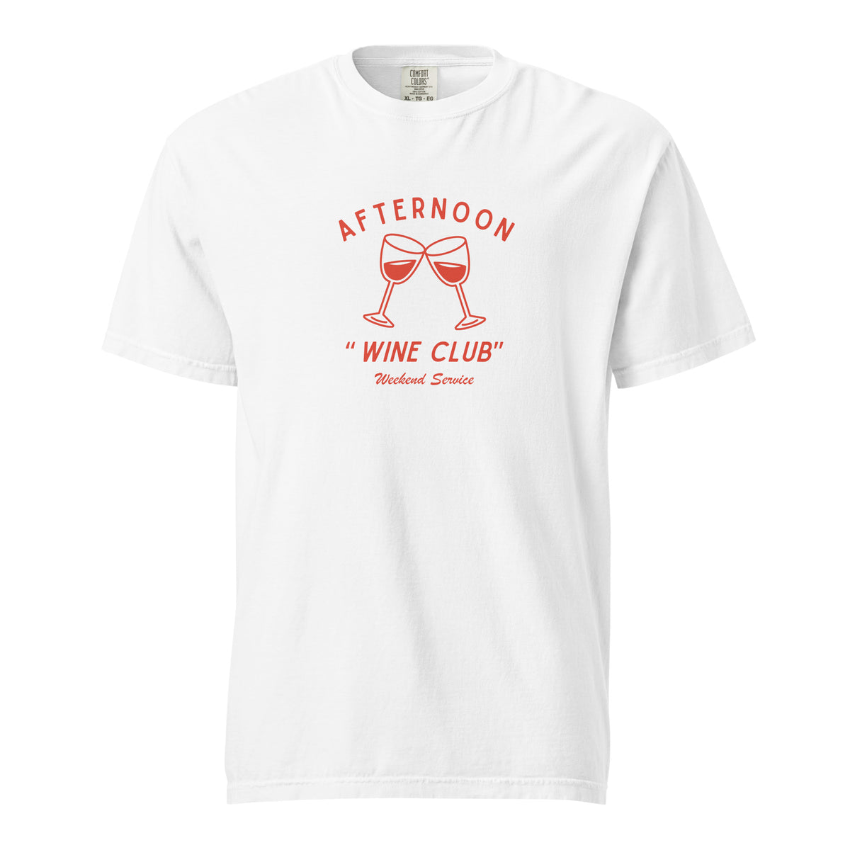 White T-shirt, front view with red wine-glass graphics and "Afternoon Wine Club" lettering.