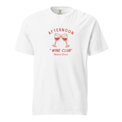 White T-shirt, front view with red wine-glass graphics and "Afternoon Wine Club" lettering.
