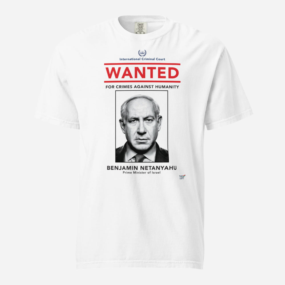 White T-shirt, front view, with a wanted-poster design with a monochrome portrait and red 'WANTED' text.