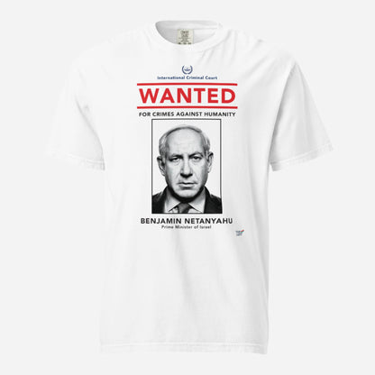 White T-shirt, front view, with a wanted-poster design with a monochrome portrait and red 'WANTED' text.