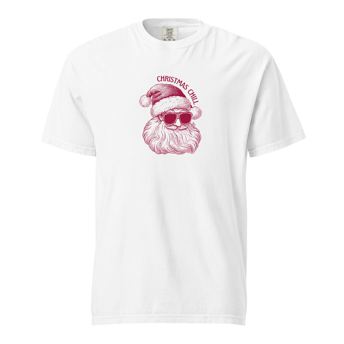 White T-shirt with a red Santa face in sunglasses and Christmas Chill text, front view.
