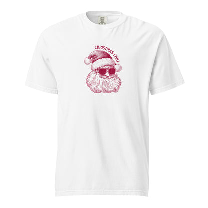 White T-shirt with a red Santa face in sunglasses and Christmas Chill text, front view.