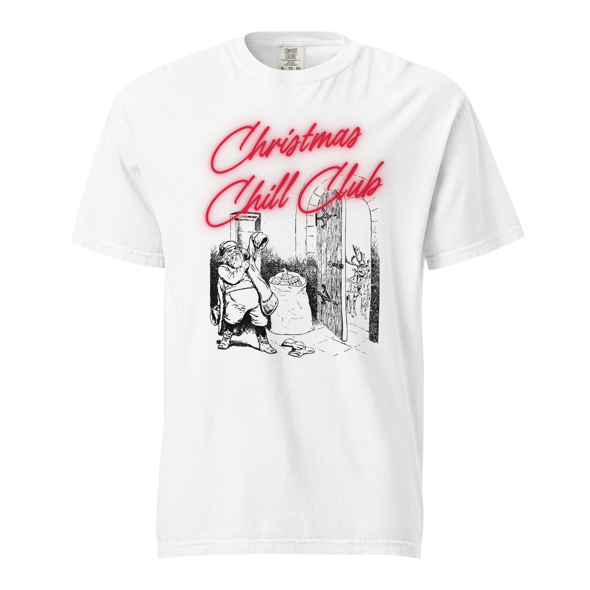 White T-shirt, front view, with a seated Santa illustration beneath red 'Christmas Chill Club' script.