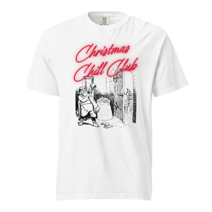 White T-shirt, front view, with a seated Santa illustration beneath red 'Christmas Chill Club' script.