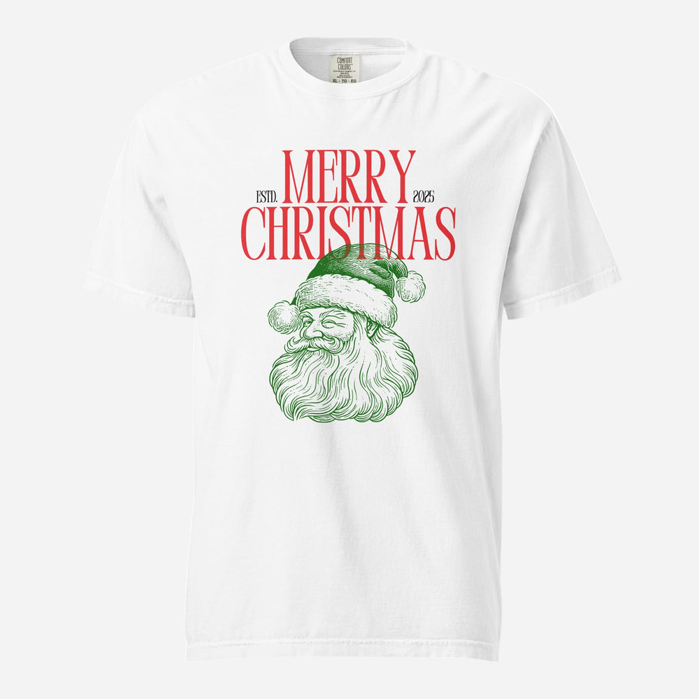 White T-shirt, front view with a green Santa face and red "Merry Christmas" lettering.
