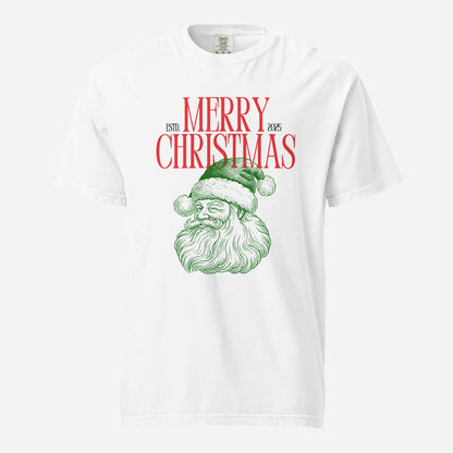 White T-shirt, front view with a green Santa face and red "Merry Christmas" lettering.