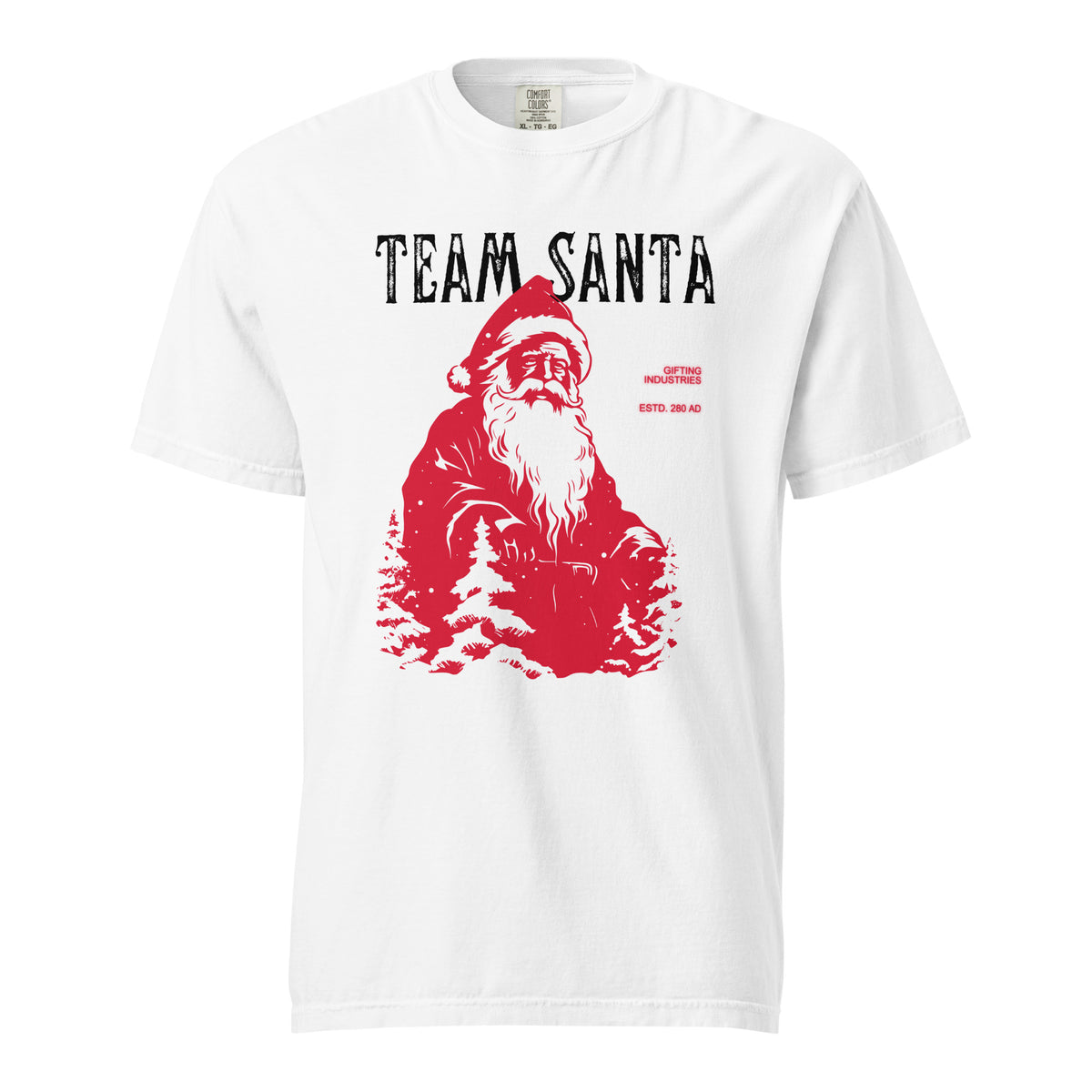 White T-shirt, front view, with a red Santa and tree illustration beneath black 'Team Santa' text.