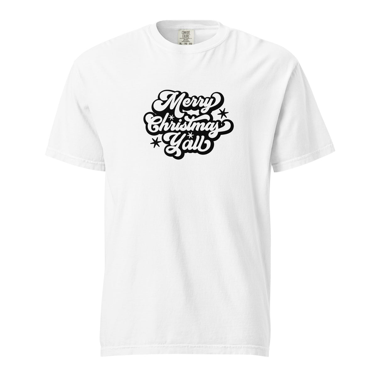 White T-shirt, front view, with black 'Merry Christmas Y'all' script and stars.