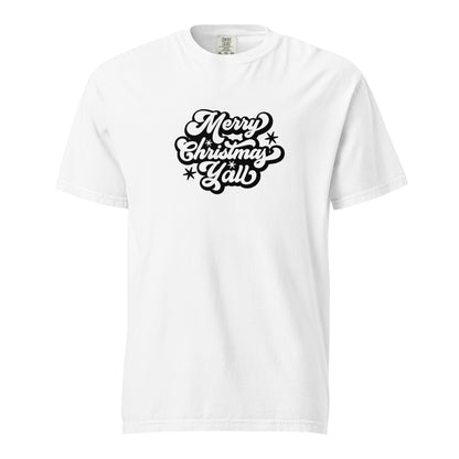 White T-shirt, front view, with black 'Merry Christmas Y'all' script and stars.