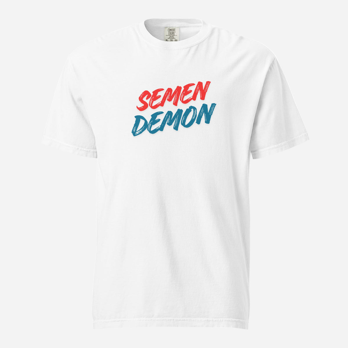 White T-shirt, front view, with red and teal 'Semen Demon' lettering.