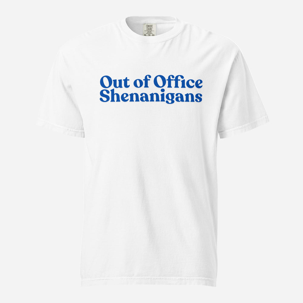 White T-shirt, front view, with blue stacked 'Out of Office Shenanigans' lettering.