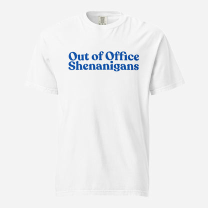 White T-shirt, front view, with blue stacked 'Out of Office Shenanigans' lettering.