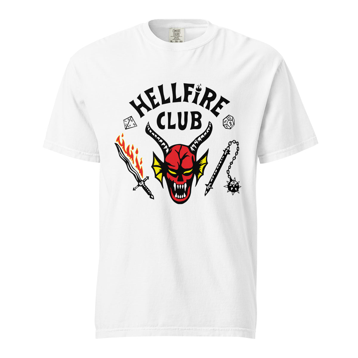White T-shirt, front view, with a red horned face beneath black 'Hellfire Club' lettering.
