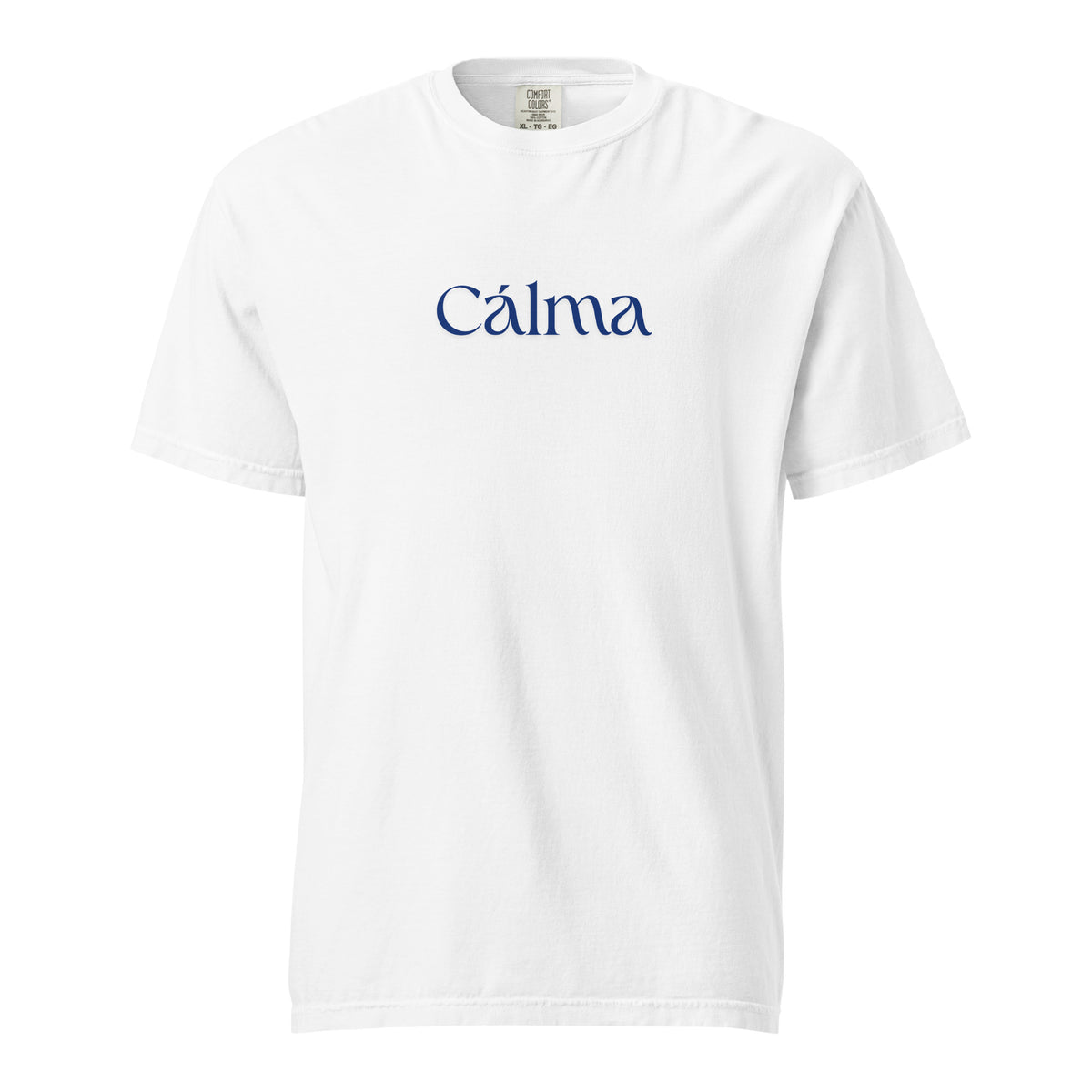 White T-shirt, front view, with blue 'Calma' lettering.