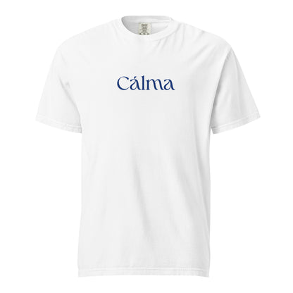 White T-shirt, front view, with blue 'Calma' lettering.
